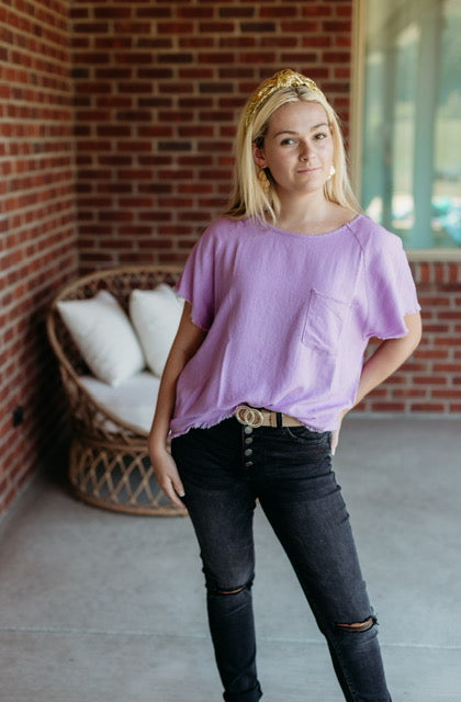 Short Sleeve Top with Chest Pocket And Raw Edged Hem