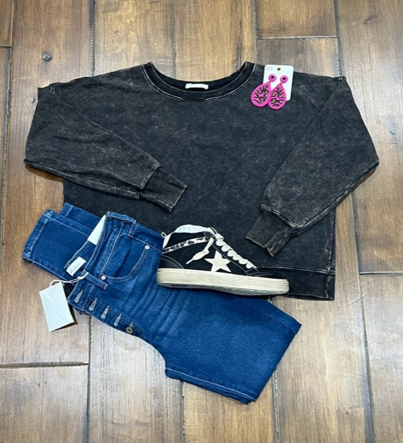 Acid Wash Boat Neck Pullover